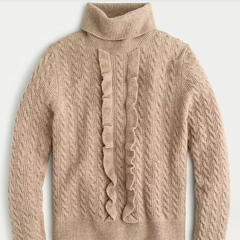 J Crew Alpaca Wool Blend Ruffle Front Turtleneck Tan Size Large